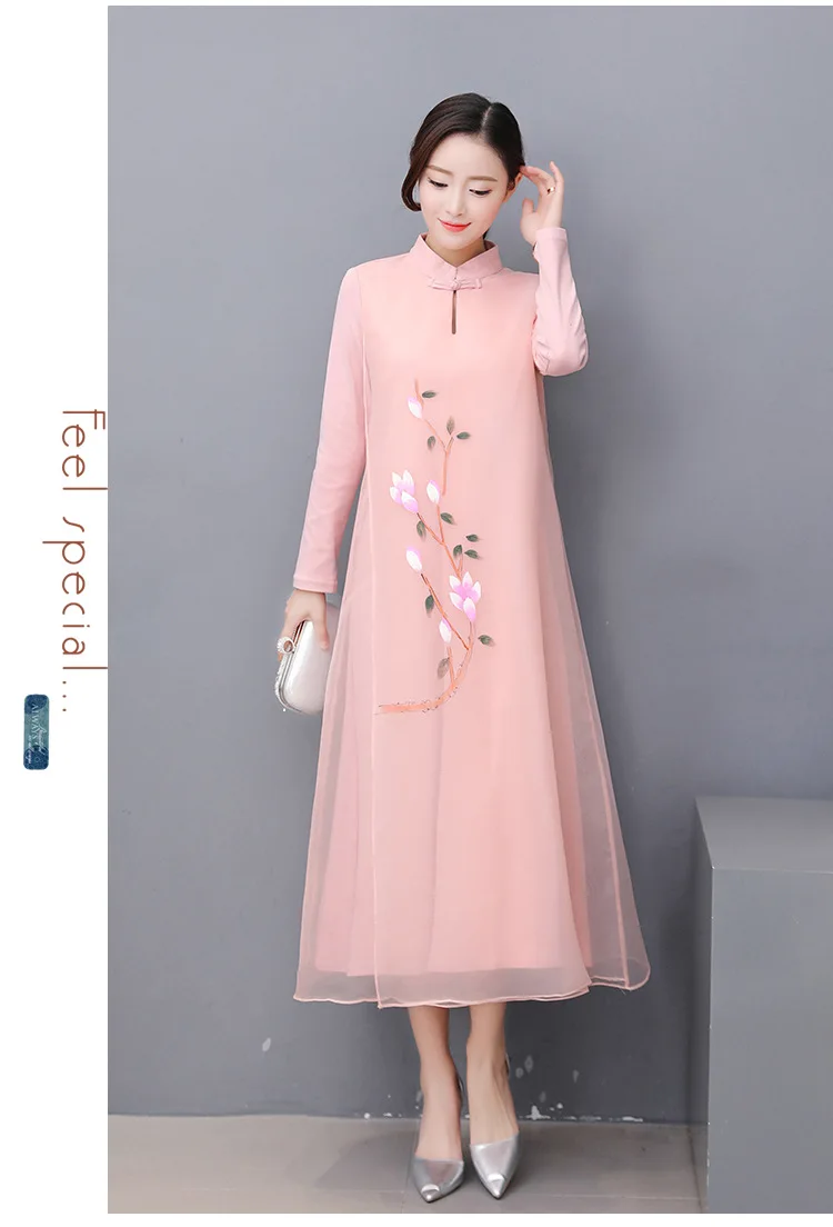 Photo Shoot Spring And Summer Retro National Wind Zen Frog Long Skirts Hand-Painted Knitted Organza Cheongsam Dress