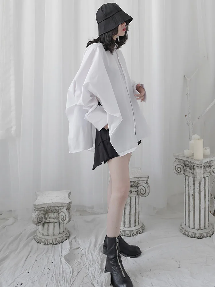 Autumn ladies new square collar solid long-sleeved shirt loose slit personality irregular white shirt youth fashion trend