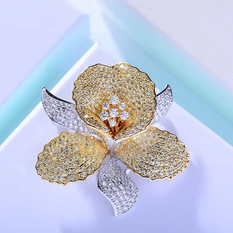 OKILY Luxurious Cubic Zirconia Orchid Flower Brooch Pin Delicate Rhinestone Floral Pins and Brooches for Women Valentine's Gift