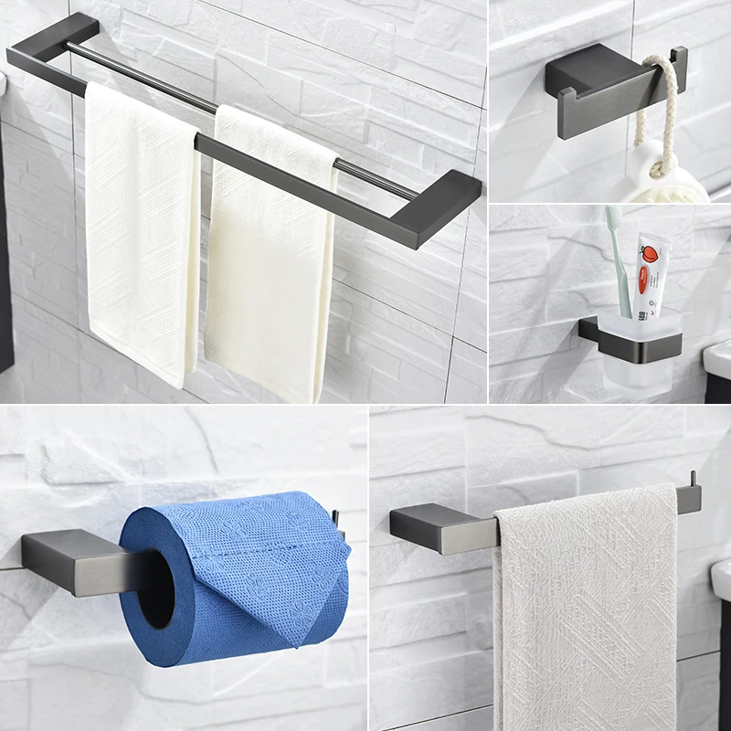 Badezimmer-Wandmontage, Edelstahl, Mattgrau, Handtuchhalter, Wandmontage, Toilettenpapierhalter, Seifenschale, Zahnbürstenhalter