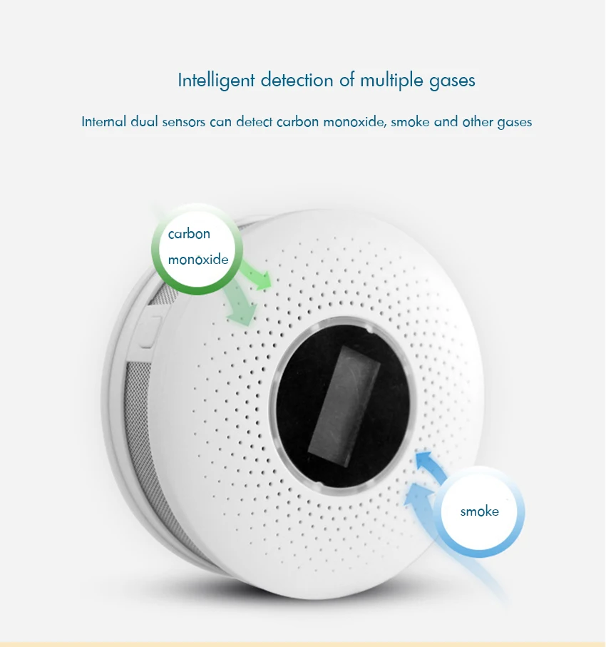 Комбинированный Детектор дыма и угарного газа, ЖК-дисплей, домашний детектор дыма со сигнализацией, светильник, голосПредупреждение, на батарейках
