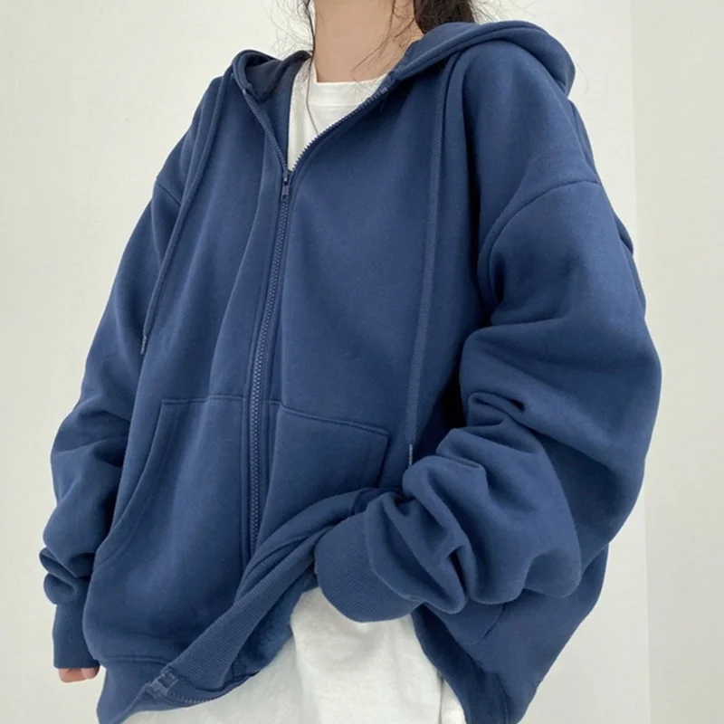Blue Plush Hooded Sweater Coat Women's Autumn and Winter 2021 New Loose Bf Lazy Wind Long Top | Женская одежда