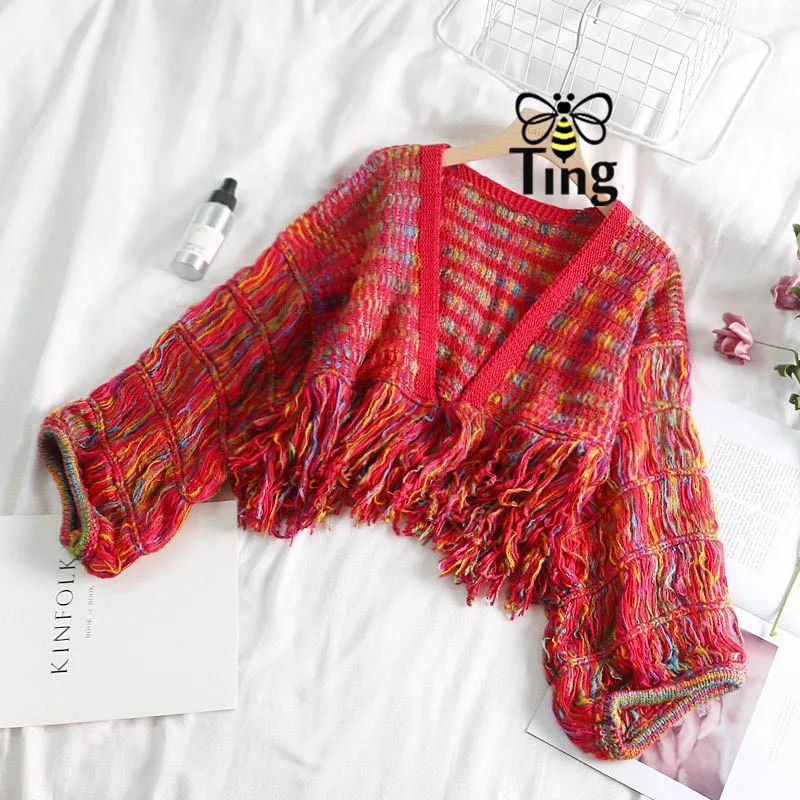 Tingfly дизайнерский стиль Вязаный с кисточками Mutilcolor укороченный свитер модные повседневные кардиганы Вязание Зима Открытый стежок уличная