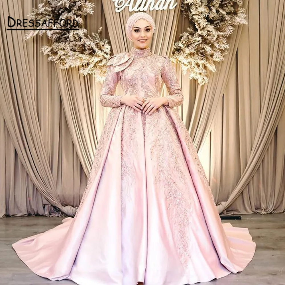 

Muslim Pink Wedding Party Dress Arab Luxury Beading A-Line Evening Dresses 2022 Formal Dress Gowns