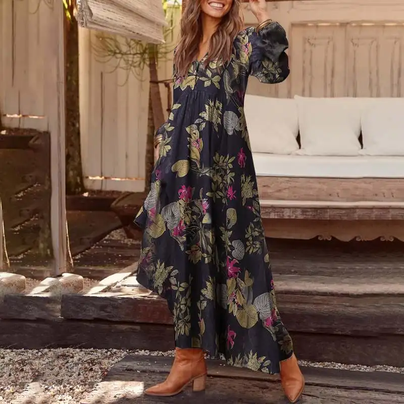 Autumn Long Sleeve Long Maxi Dress WomenPlaid Dress ZANZEA 2020 Casual Summer Sundress Loose Fashion Vestidos Party Robe