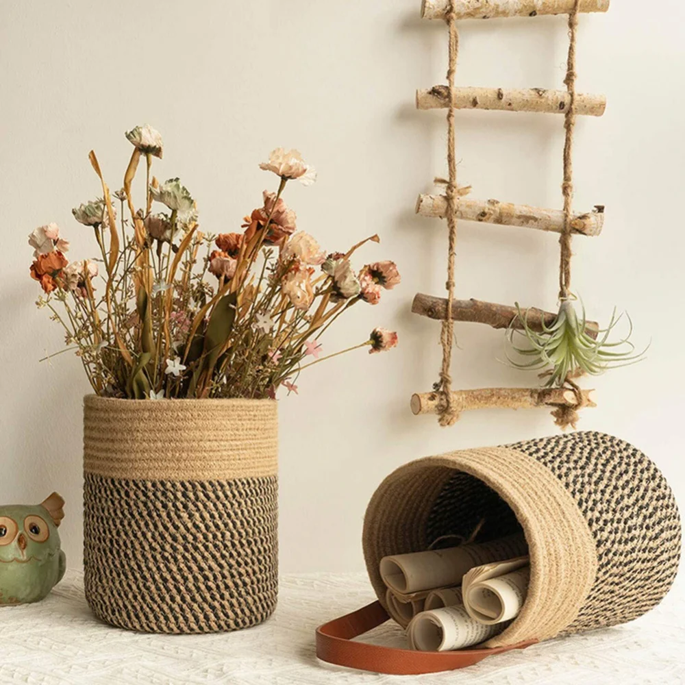 Mir à fleurs en jute et coton tissé au mur, pot de jardinière, paniers de rangement pour la maison, ustensiles de cuisine britanniques