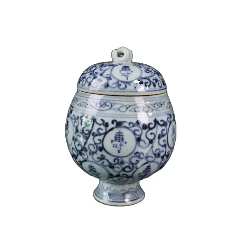 

Jingdezhen ceramics Ming Dynasty hand painted blue and white Shouzi figure high foot covered pot tea pot Collect ornaments