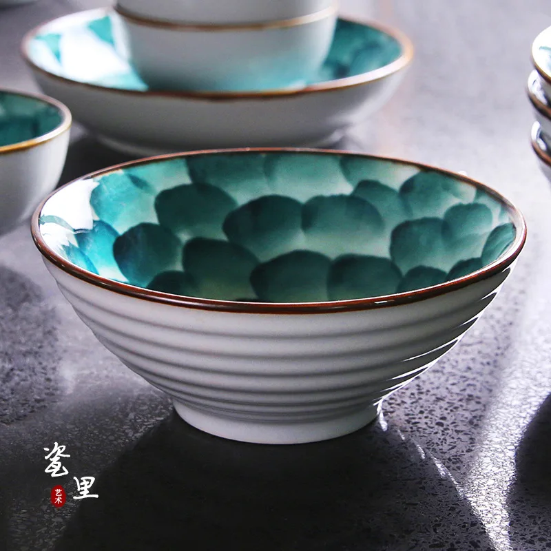 

Fashion Japanese-style Noodle Bowl Handmade Horn Bowl Ceramic Tableware Set Classic Dark Green Hand-painted Ramen Bucket Bowl