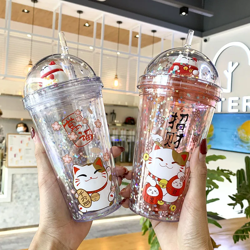 Креативная бутылка для воды Lucky Cat с соломинкой розовая Милая чашка льда детей