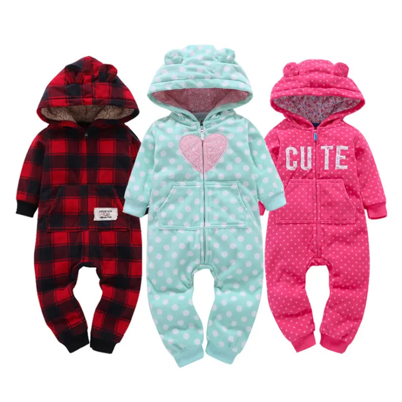 

3-24M Autumn Winter Fleece Baby Rompers Cute Pink Baby Girl Boy Clothing Infant Baby Girl Clothes Jumpsuits Footed Coverall