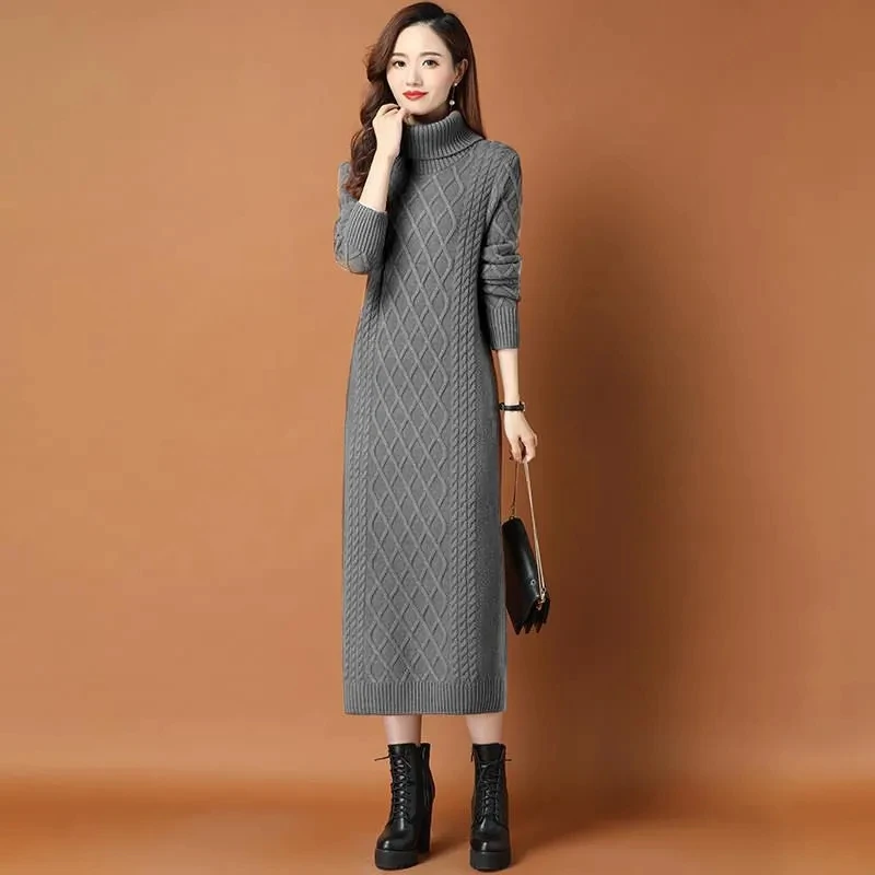 Female High Neck Long Sweater Women Thickened Autumn Winter 2024 New Loose Outer Wear Twist Base Dress Femme Knit Dress Elegant 3