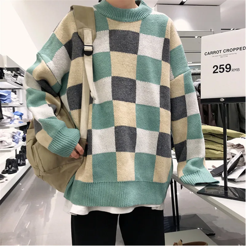 

Winter New Plaid Sweater Men Warm Fashion Contrast Casual O-Neck Knit Pullover Men Loose Long Sleeve Sweter Male Clothes M-2XL