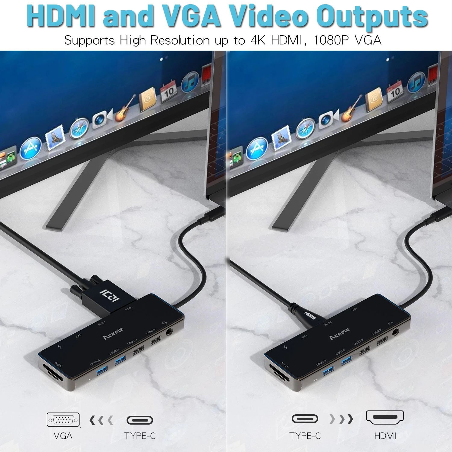 Aceele 11 в 1 USB C концентратор HDMI VGA Аудио RJ45 USB 3,0 2,0 мощность PD SD/TF кардридер для Macbook Pro huawei Matebook X