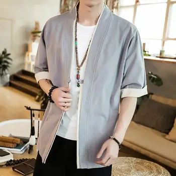 

Plus Size Fashion Men Color Block Short Sleeve Button Loose Kimono Blouse Coat