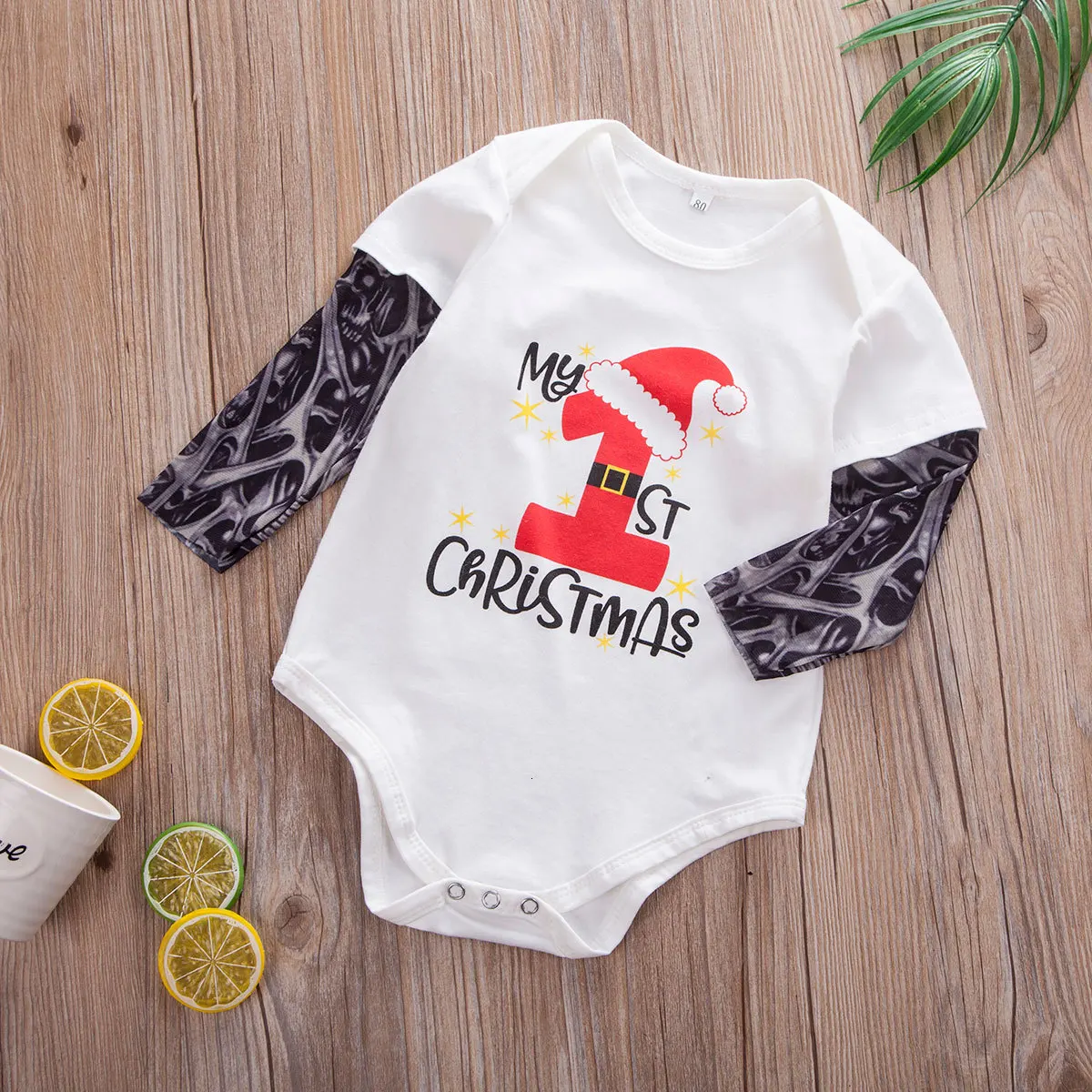 Newborn Infant Baby Boys Tattoo Sleeve Xmas Romper Jumpsuit Bodysuit Clothes 0-24 Months