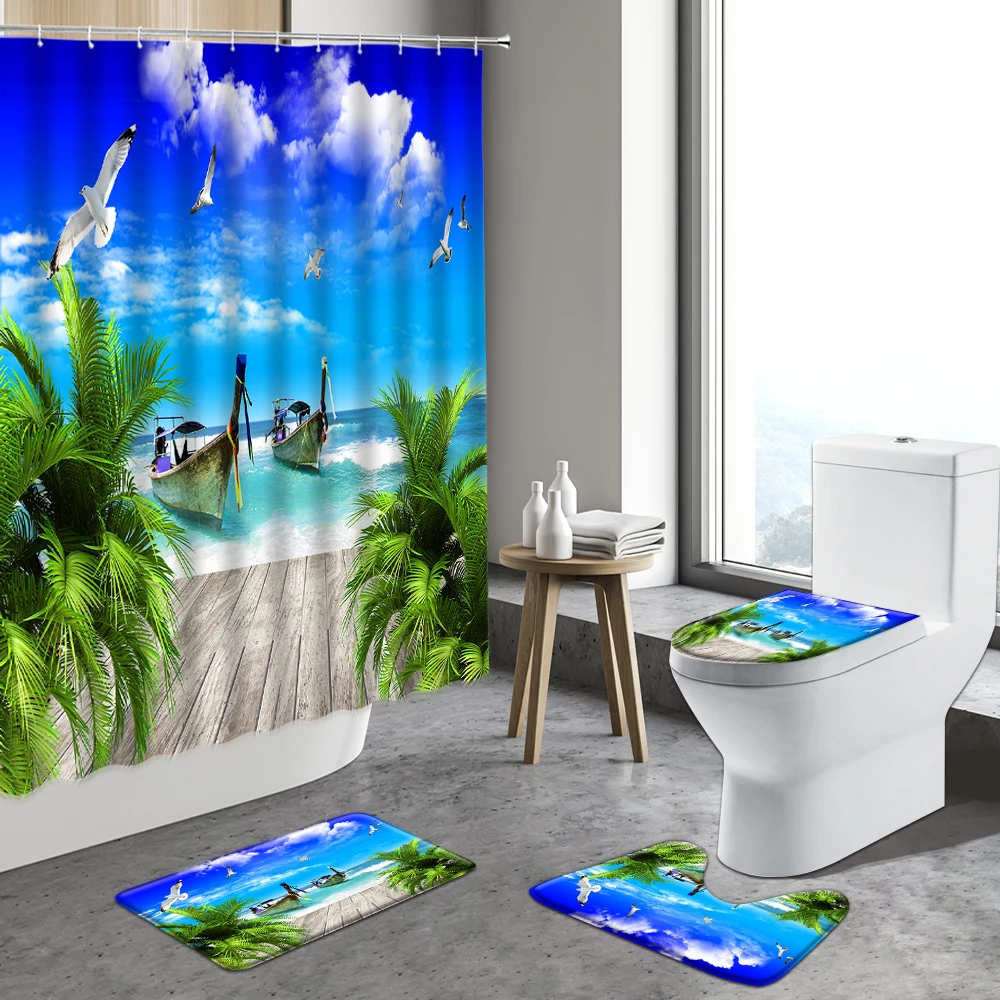 

Summer Beach Shower Curtain Ocean Scenery Decor Coconut Tree Blue Sea landscape Curtains Bathroom Non-slip Rug Bath Mats Carpets
