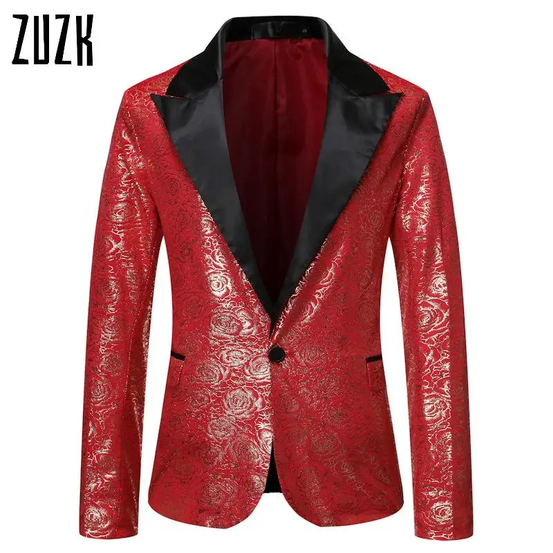 

ZUZK Shiny Rose Floral Foil Print Blazer Men Brand Red Corduroy Mens Suit Blazer Jacket Party Club Wedding Tuxedo Blazers Hombre