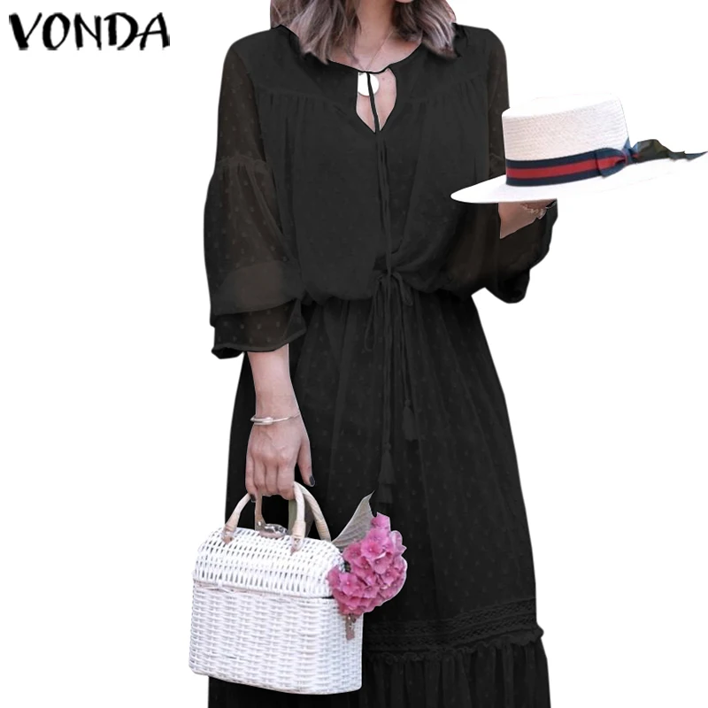 Черный VONDA, праздничное кружевное платье, богемное, женское, винтажное, в горошек, полое, длинное, макси платье,, сексуальные, вечерние, Vestido Robe Femme размера плюс - Цвет: Черный