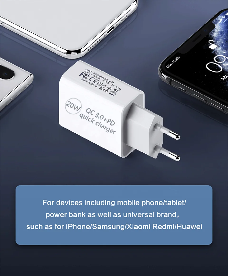 Fast charge 18w Fast Charge Phone Charger USB Type C PD 20W 2 Ports Quick Charge Adapter for IPhone 11 12 Pro Samsung Xiaomi EU/US/UK/AU Plug usb c 30w