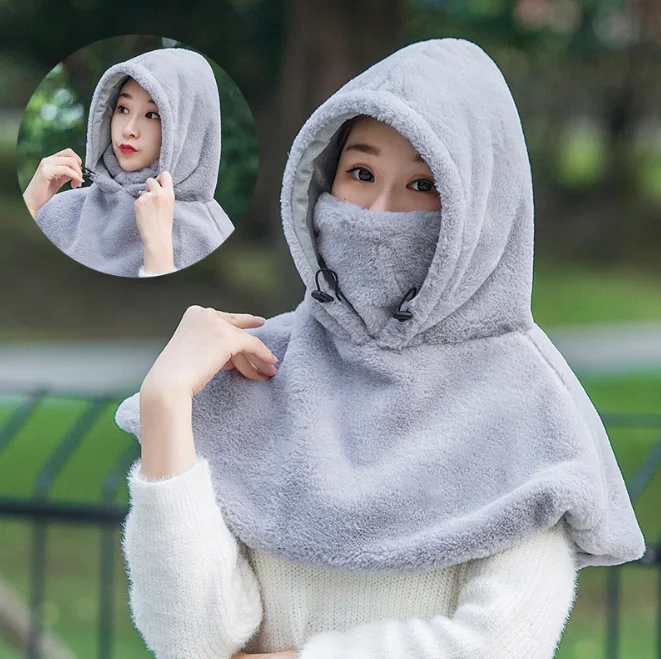 

Four in One Cloak Shawl Plush Women Cycling Windproof Cover Face Outdoor Thickened Autumn And Winter Women's Hat Gray