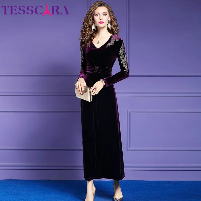 TESSCARA, женское осенне-зимнее элегантное бархатное платье с вышивкой, женские офисные вечерние платья, высокое качество, дизайнерские коктейльные платья - Цвет: Purple