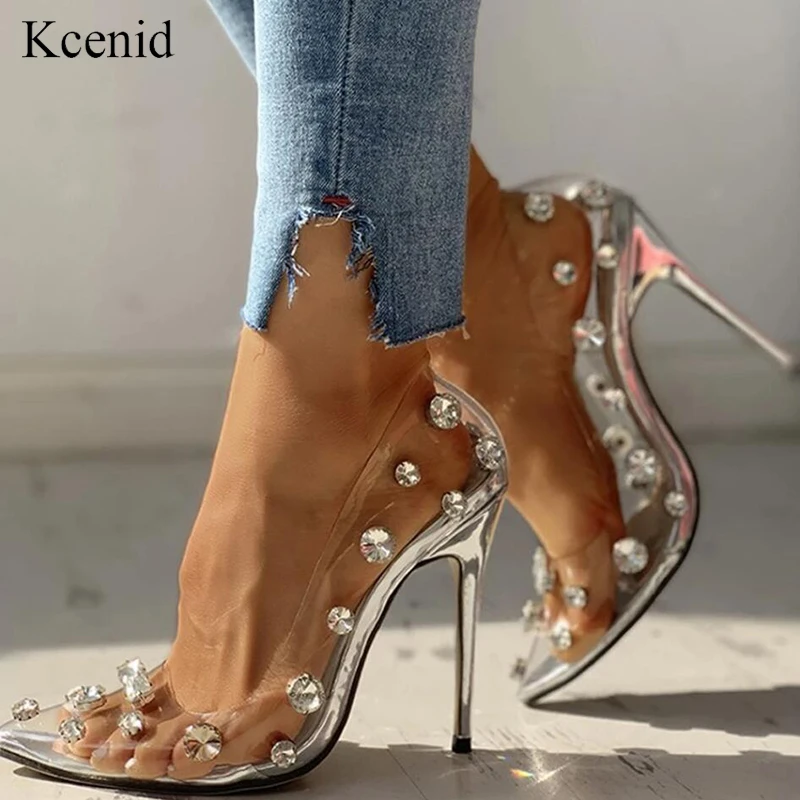 Kcenid zapatos transparentes de PVC para mujer, calzado de tacón alto de cristal para boda, sexy, para club nocturno, plateado, talla 35 42, verano de tacón de mujer| - AliExpress