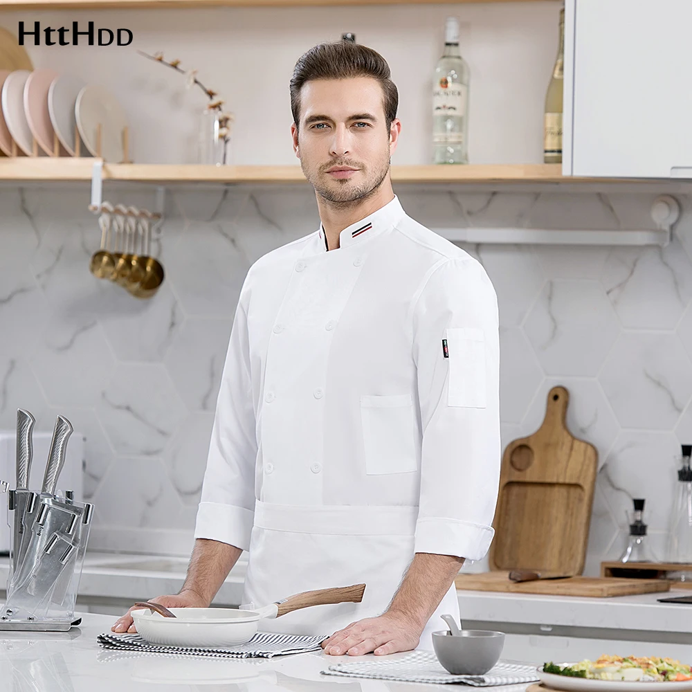 

new High quality chef overalls restaurant cooking polyester cotton breathable uniform chef long sleeve Three-bar collar jacket