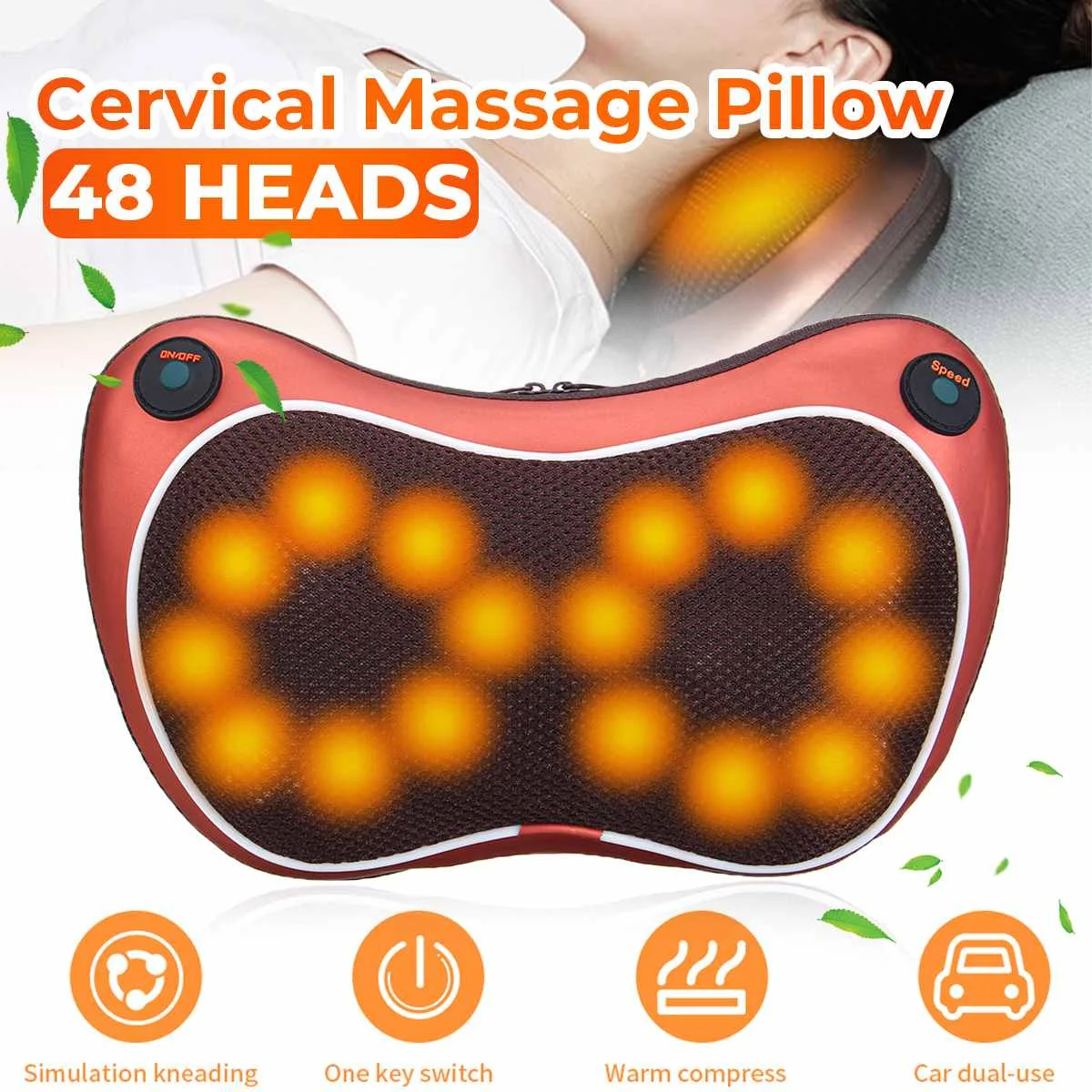 48 Head Relaxation Massage Pillow Vibrator Electric Shoulder Back Heating Kneading Infrared Therapy Pillow shiatsu Neck Massager