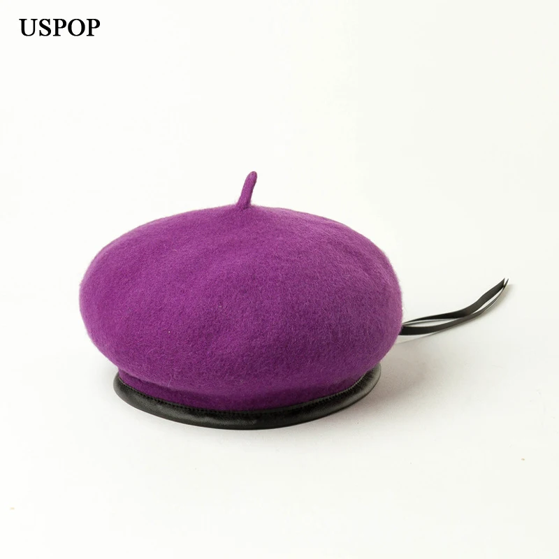 USPOP New winter hats women wool berets adjustable PU binding beret female wool hats autumn solid color caps thick warm hat