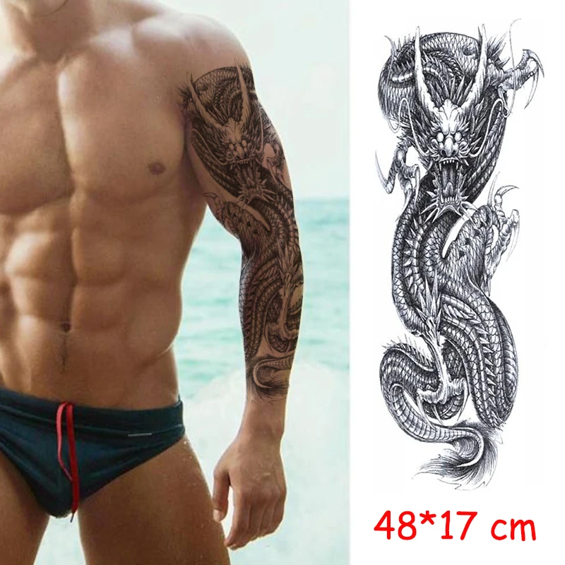 Водонепроницаемый временная татуировка Стикеры миф Дракон полные руки черный поддельные татуировки золотого и серебряного большой Размеры флэш-тату татуировки рукава для Для мужчин Для женщин