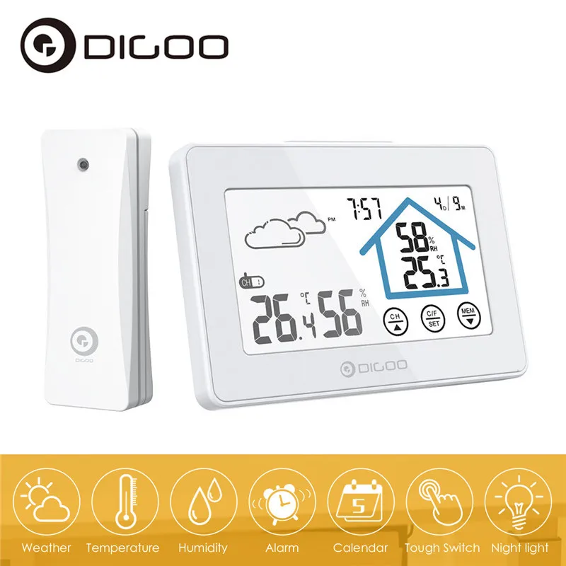 Digoo DG-TH8380, метеостанция с сенсорным экраном, беспроводной, для помещений, для улицы, термометр, гигрометр, измеритель, календарь с датчиком погоды