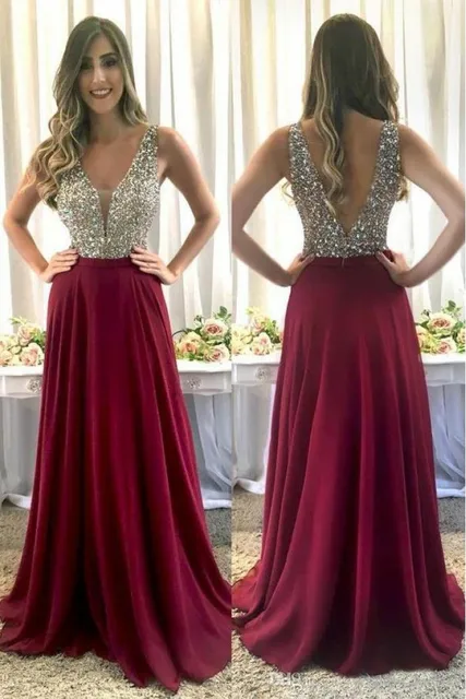$US $140.47 Sexy V-Neck A-Line Long Burgundy Chiffon Evening Dress with Pockets Floor Length Zipper Pleated Formal Party Dress for Women