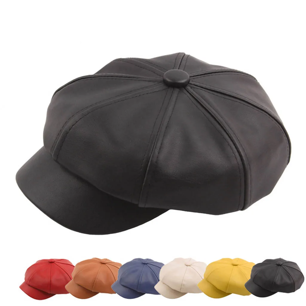 Кожаная восьмиугольная кепка, осенне-зимняя винтажная Кепка, модная шапка для художника, однотонный берет, czapka zimowa#35
