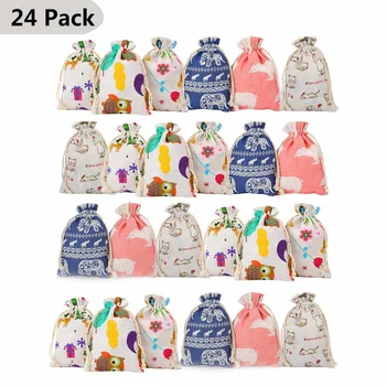 

24PCS Christmas Advent Calendar Countdown Bag Hanging Candy Gift Sacks Pouch with Clips Stickers Rope Home Christmas Decoration