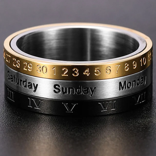 Men's Anxiety Rotatable Calendar Finger Ring Time Week Date Mood Numerals 1