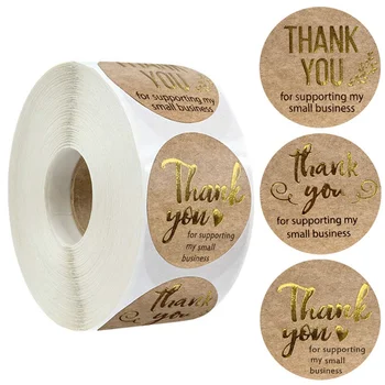 

500Pcs/Roll Thank you Golden Letter Design Hot Stamping Kraft Paper Labels Stickers Gift Packaging Seal Seals Sticker