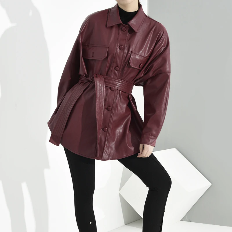 

LANMREM 2020 turn-down collar wine red full sleeves single breasted PU leather high waist leather jacket female WH29203S
