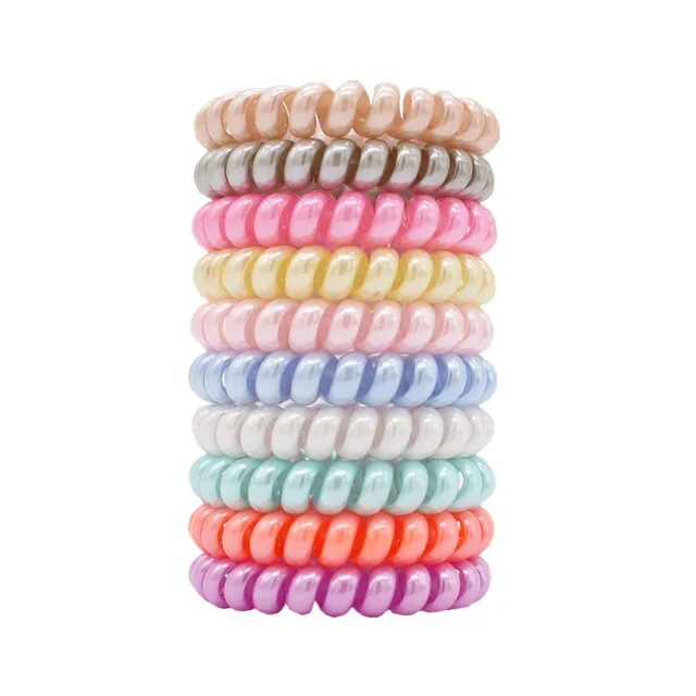 10pcs Top Fashion Ice Cream Colorful Spiral Spin Screw Telephone Wire Hair Ties Pearly Premium Plastic Rubbers Ponytails C