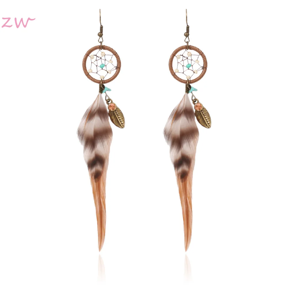 Bohemian Hollow Dream Catcher Leaf Feather Earrings For Women Indian Jewelry Blue Natural Stone Drop Dangle Pendientes | Украшения и
