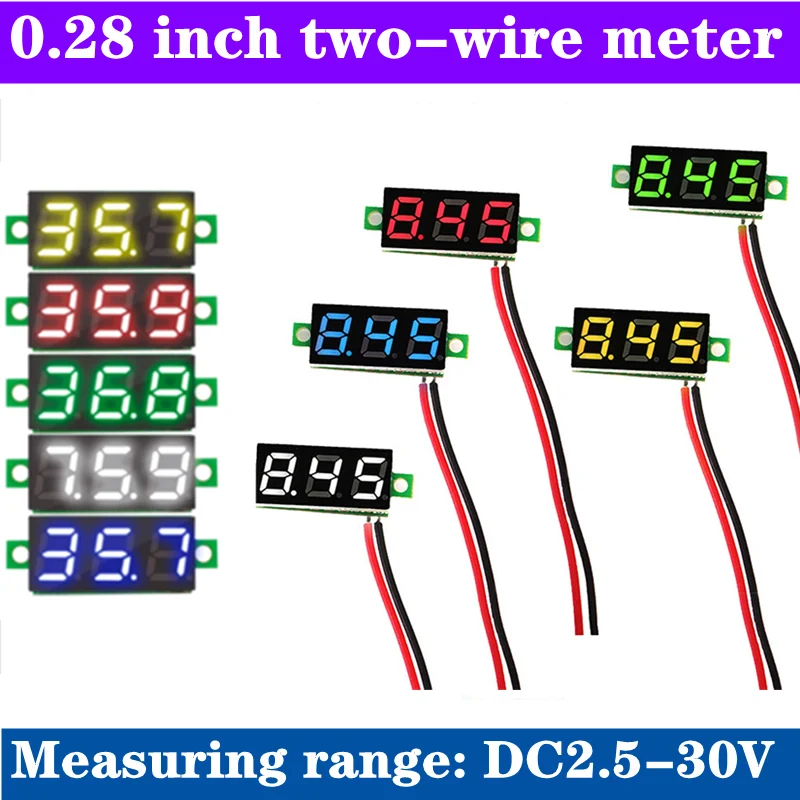 Voltímetro de CC de dos cables de 0,28 pulgadas, pantalla digital, cabezal de voltímetro, DC2.5-30V, calibración microajustable