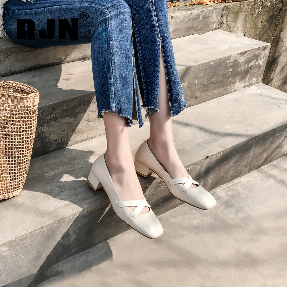 RJN Stylish Women Pumps Cow Leather Buckle Decoration Comfortable Square Toe Med Heel Elegant Slip-On Shallow Well Shoes RO35