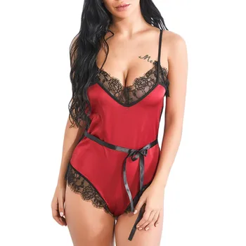 

Sexy Lingerie Women Satin Lace Teddy Sleepwear With Belt Porno Sexy Underwear Lenceria Erotica Mujer Sexi Babydoll Sexy Costumes
