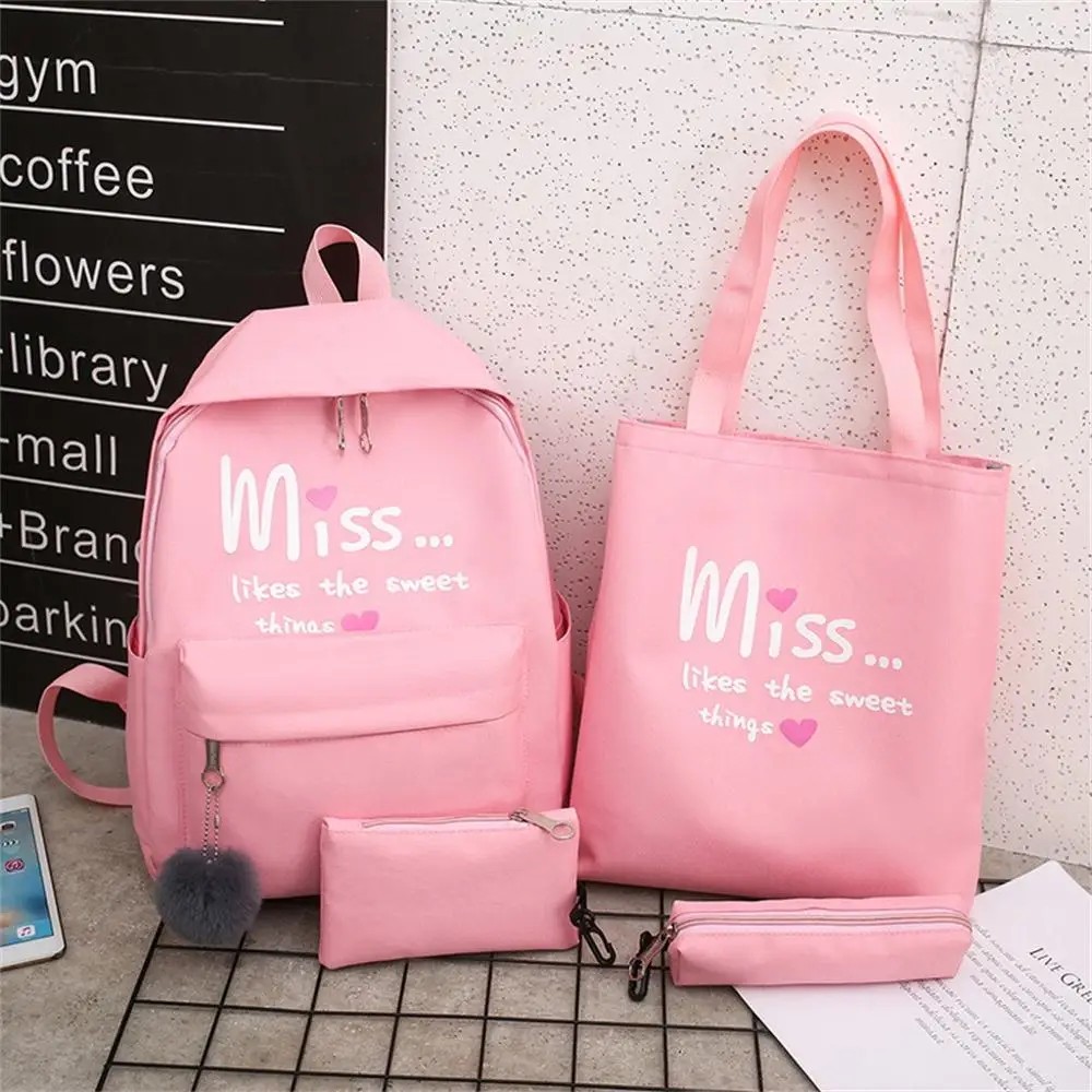 

4PC Set Backpack Women Cartoon Alphabet Cute Student School Bags Back Pack Casual Large Capacity Travel Mochila Feminina Bagpack