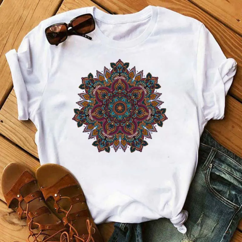 Maycaur New Mandala Floral Printed T Shirt Women Casual Fashion T-shirt Loose Short Sleeve 90s Girls Aesthetics Black Tshirt Top cheap graphic tees