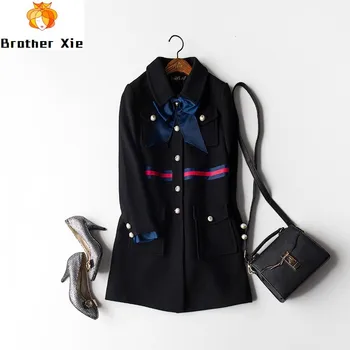 

Europe United States Fashion Autumn Winter Bow Knot Pearl Buckle Cashmere Coat Single Breasted Preppy Style Coat Toyouth