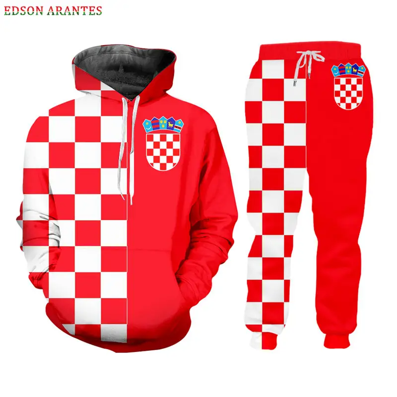 Custom S-6XL Croatia Flag Men's Sportwear Sets Luxury 3d red white Grid Print Zipper Jackets Hoodie T-shirt Tank Joggers Pants (2)