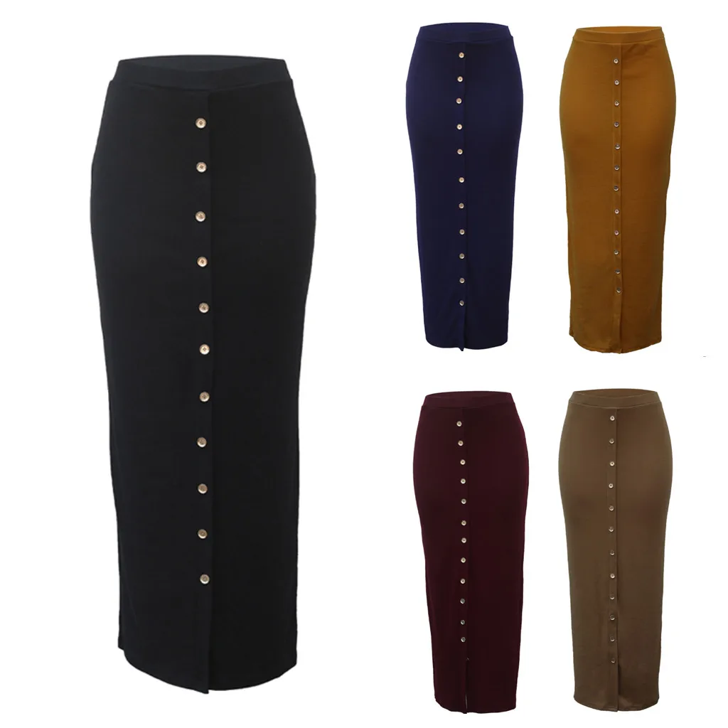 Sexy Pencil Skirt Women Fashion Casual Empire Breasted Buckle Knitted Case Hip подол Winter Autumn Wild Half-length Long Skirt
