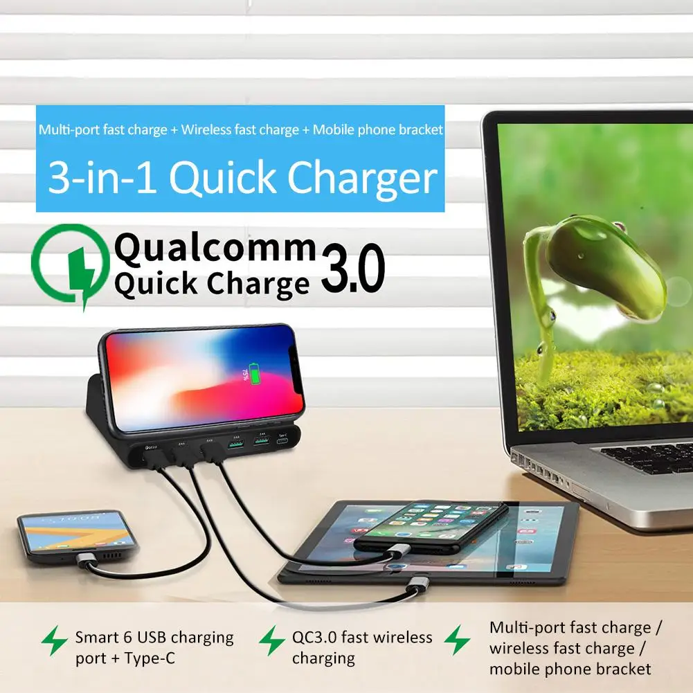 

New 7 In 1 Wireless Charger USB Multiport QC 3.0 Fast Charging Station Mobile Phone Stand