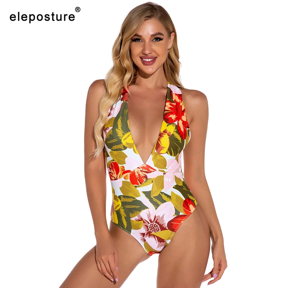 

Floral Print One Piece Swimsuit 2020 Sexy V-Neck Swimwear Women Backless Monokini Brazilian Bathing Suit Beachwear Swimming Suit
