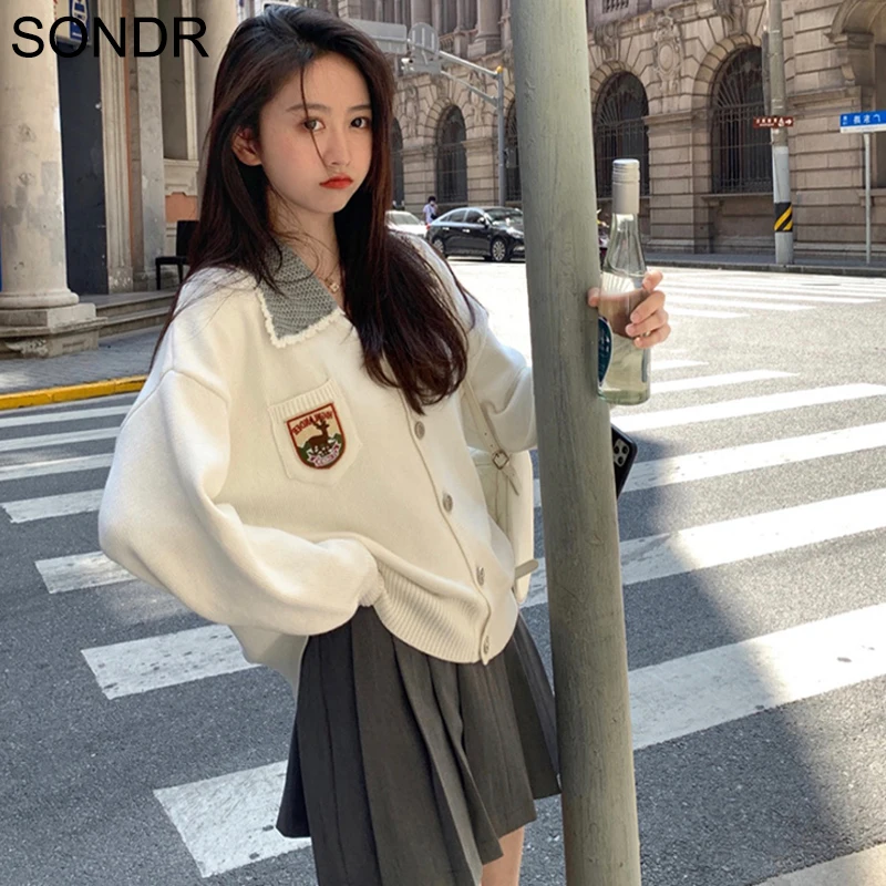 

Cardigan Women Sweaters Japanese Sweet Cute Ladies Autumn Winter Loose Long Sleeve Knit Jacket College Style White Sweater Coat
